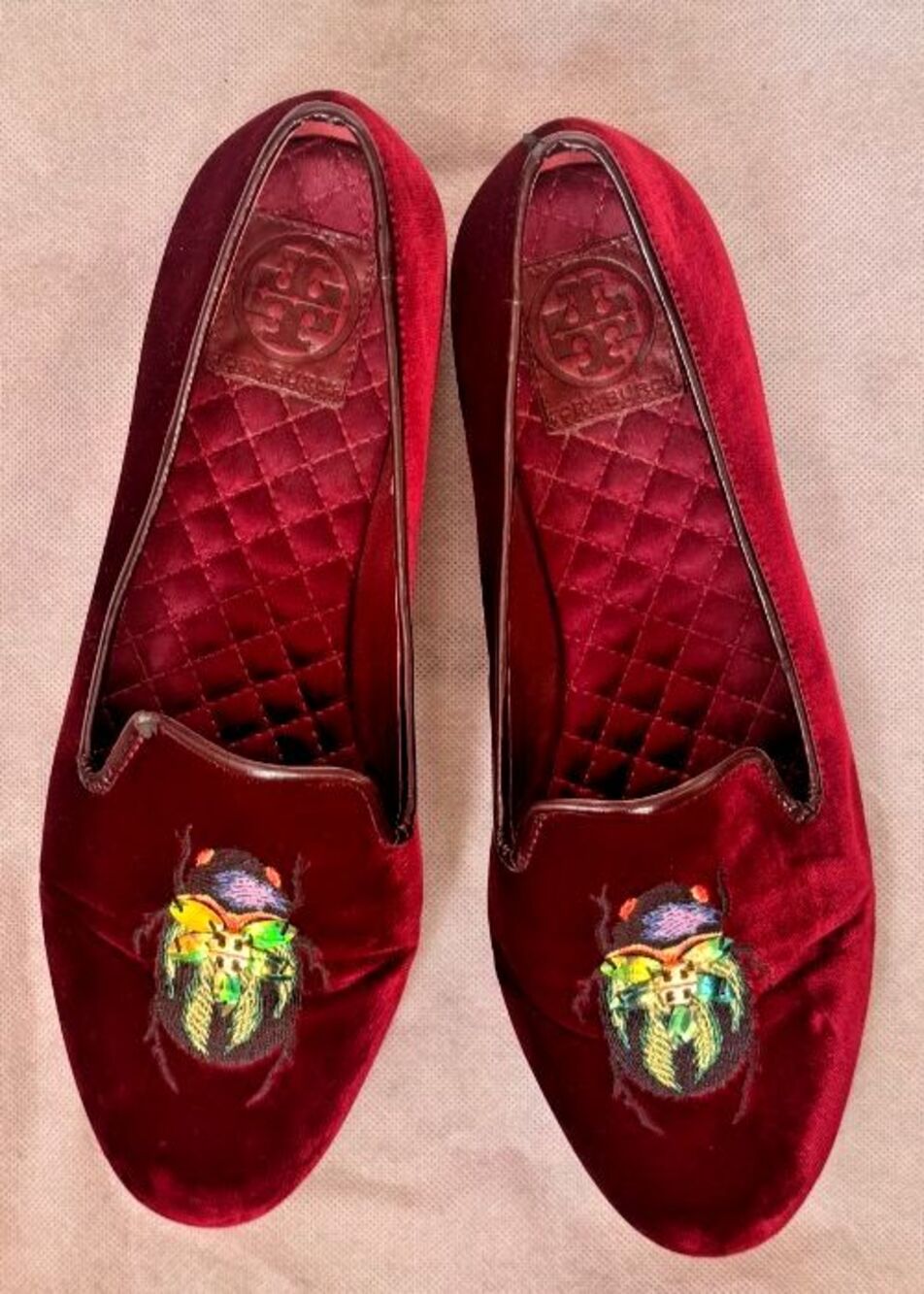 Tory Burch Burgundy Easton embroidered Velvet Beetle Loafers US 9.5 - Picture 16 of 16